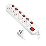 Napájecí lišta "Multiswitch", 6 zásuvek 2P+Z (Schuko), kabel 3x1,5mm2, délka 1,5 m, s osvětlenými vypínači: hlavní dvoucestný a samostatné vypínače pro každou zásuvku. Tepelný spínač. 16A/230VAC