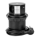Nábytková zásuvka Ø10 cm výsuvná z desky s indukční nabíječkou, USB nabíječkou a 1,5m kabelem, 3x2P+Z, Qi 1.2.4 max. 10W, 2xUSB QC 3.0